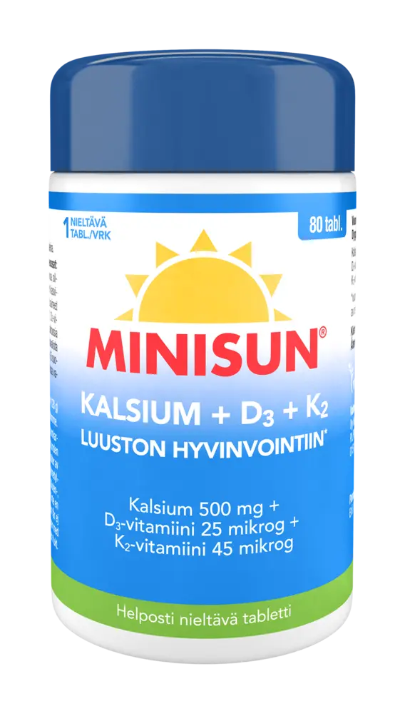 Minisun Kalsium 500 mg + K2 45 mikrog + D-vitamiini 25 mikrog